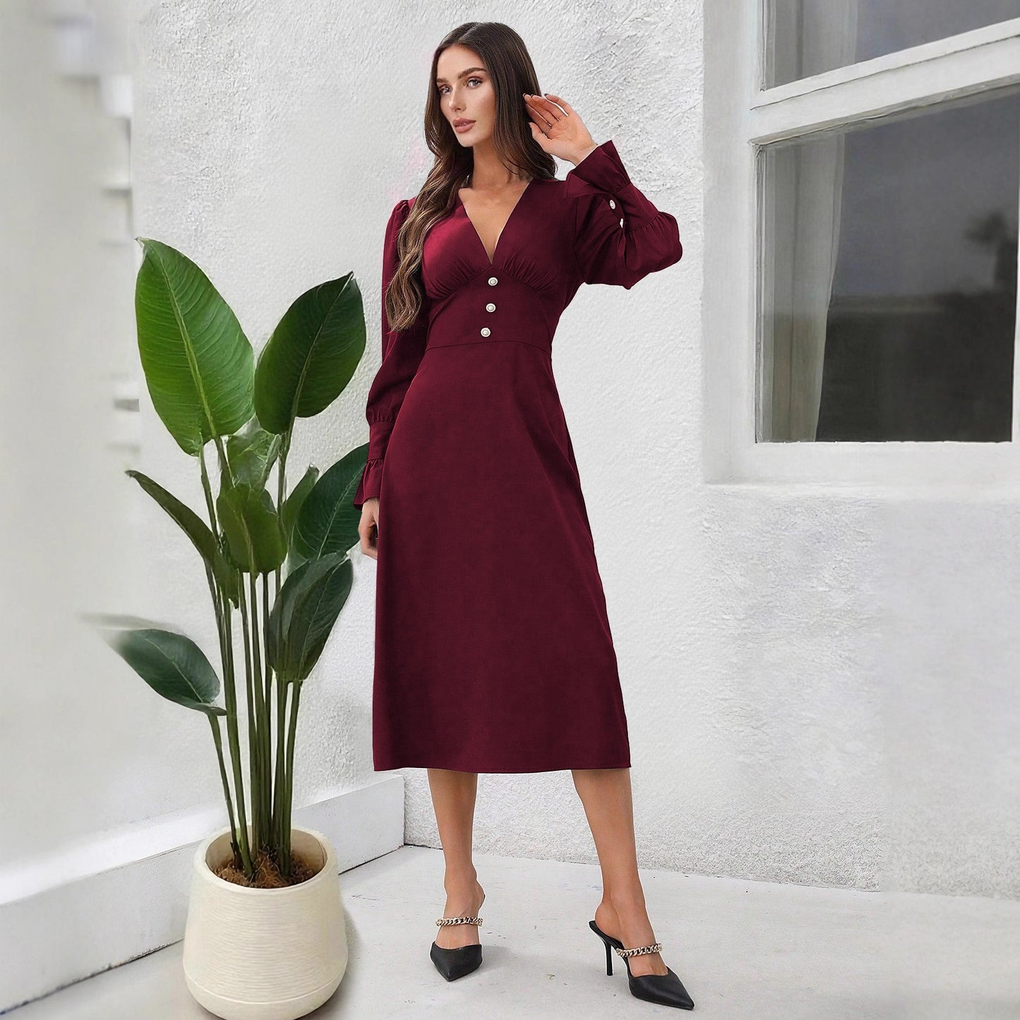 Autumn Casual V-Neck Shirt Dress