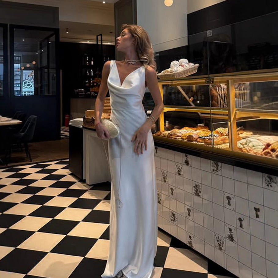 Women's Fashion French Style Sleeveless V-Neck Swing Collar Dress Satin Dinner Dresses Chest Pleat Design Elegant Textured Slim Fit Party Socialite Dress