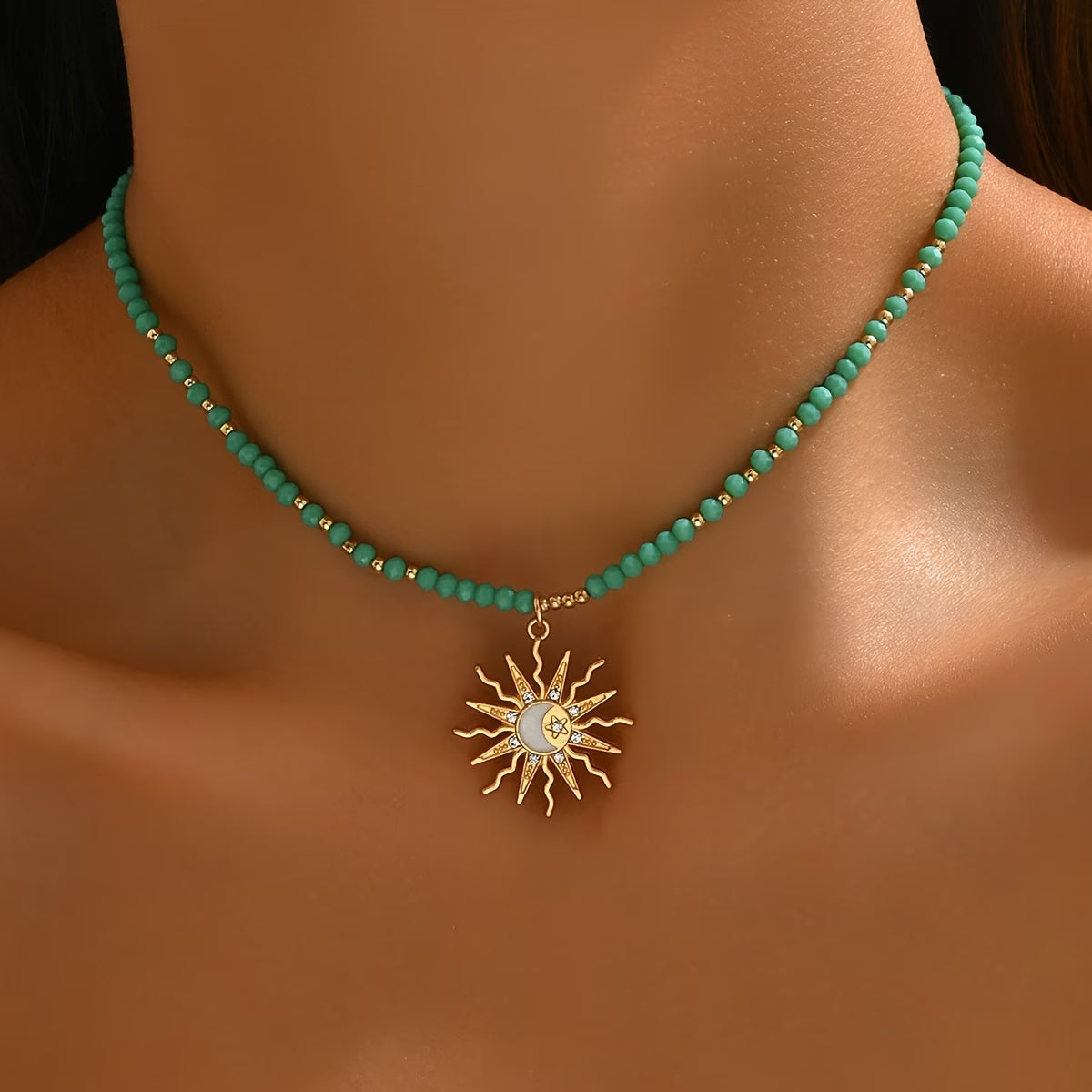 Bohemian Minimalist Versatile Painted Oil Star Moon Fashion Glass Bead Necklace for Women's Daily and Vacation Wear