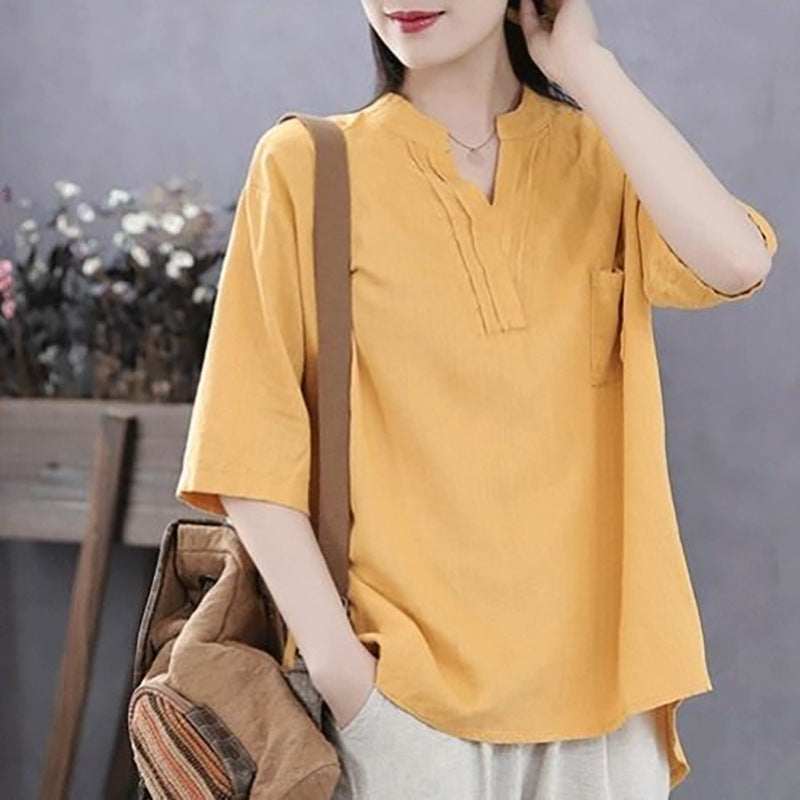Casual Youthful Retro Summer New V-Neck Cotton-Linen Top