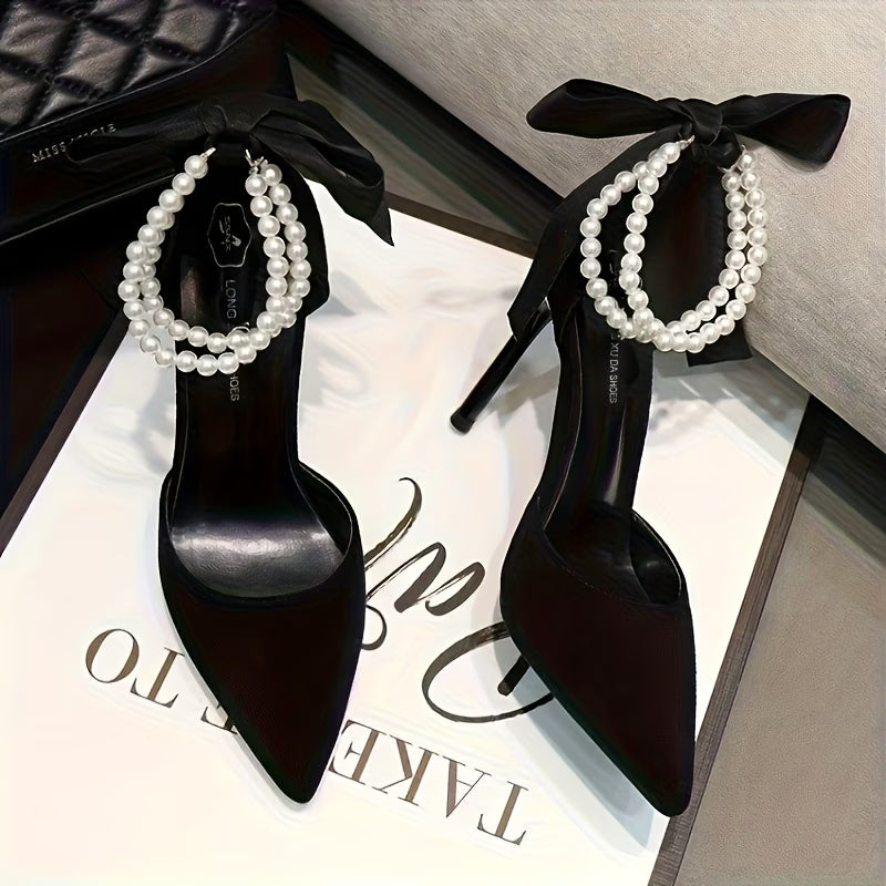 Stylish Stiletto High - Heel Sandals - Black Pointed Toe - Embellished with Bow for Charm, Women Shoes