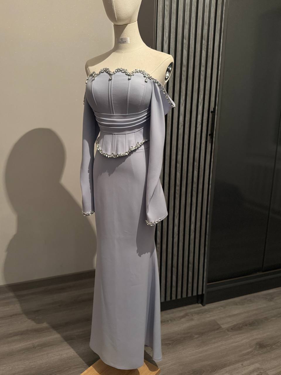 Light Blue Off-Shoulder Crystal Gown – Peplum Evening Dress | Armenia