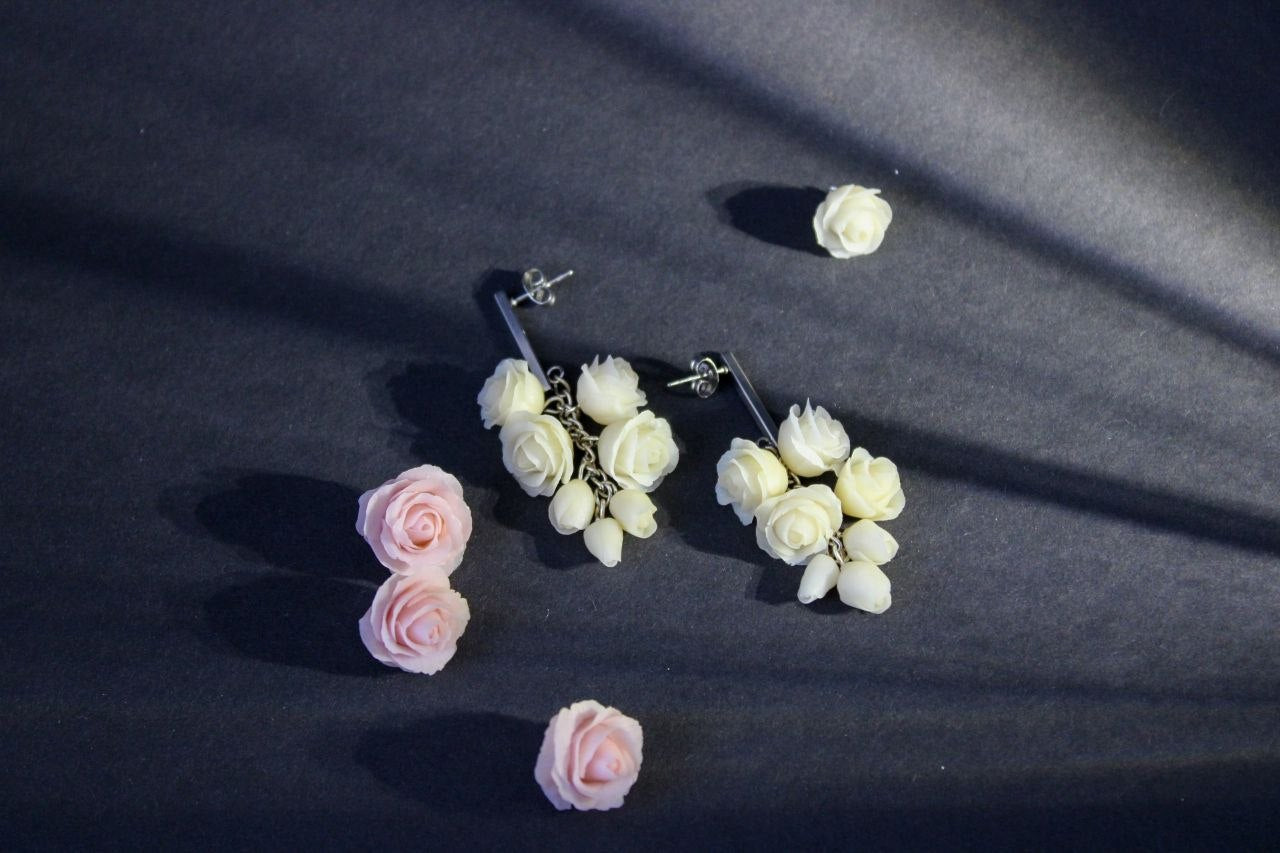 Handmade White Rose Chain Drop Earrings | Elegant Floral Jewelry Armenia