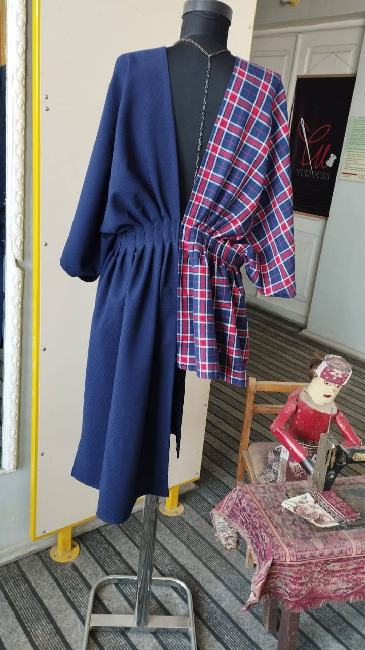 Navy and Red Plaid Kimono with Ruffled Sleeves | Armenia