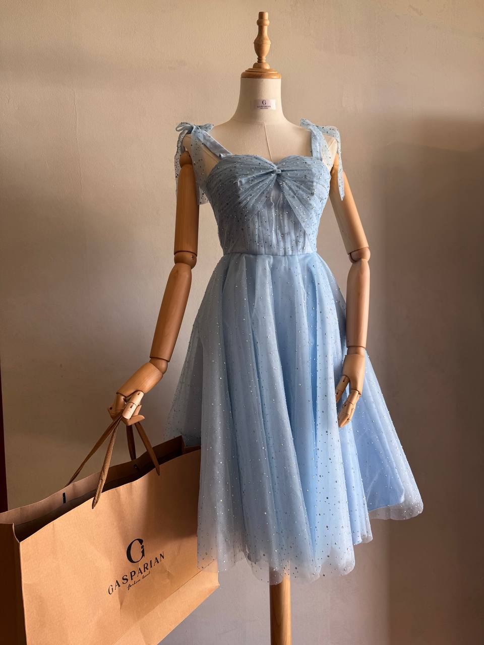 Sky Blue Corset Tulle Midi Dress with Tie Straps | Armenia