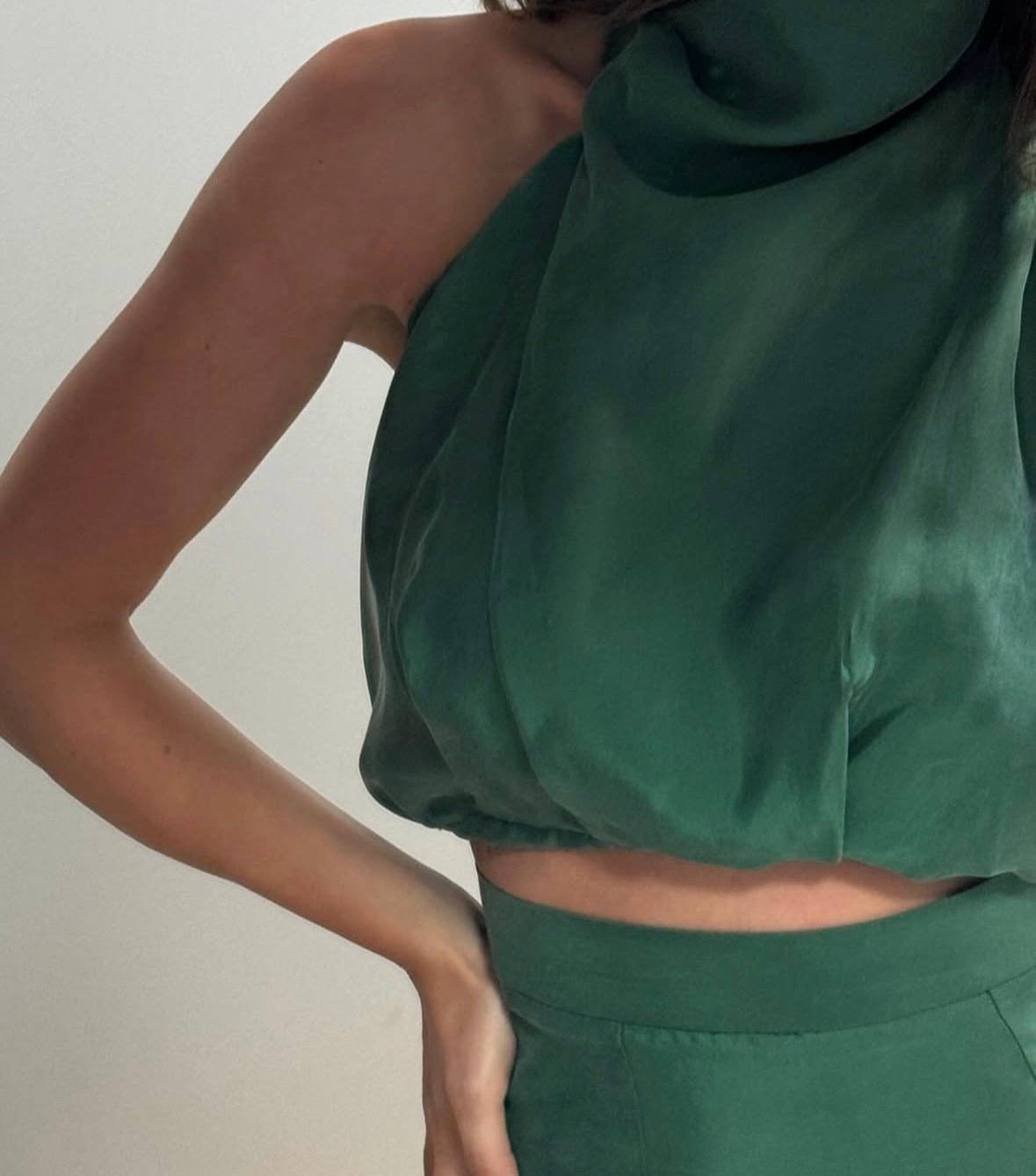 Dark Green Satin Two-Piece Skirt Set | Elegant Co-Ord Armenia