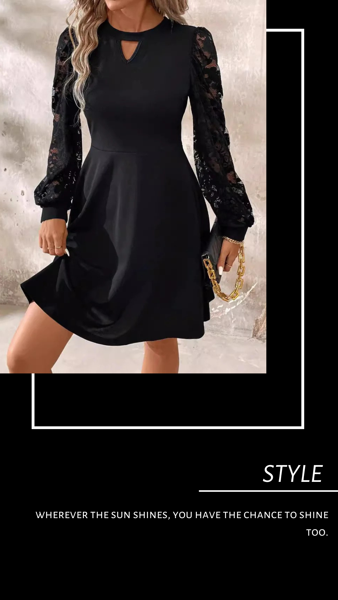 Elegant Women's Black Round Neck Lace Stitching Long Sleeve Slim Flared Hem Dress