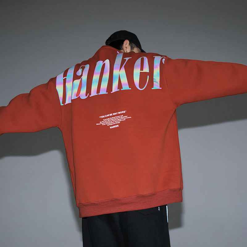 Fashion Reflective Letter Thin Round Neck Oversize Sweatshirt