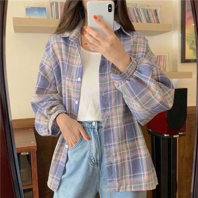 Loose-fitting Korean-style Plaid Shirt For Women
