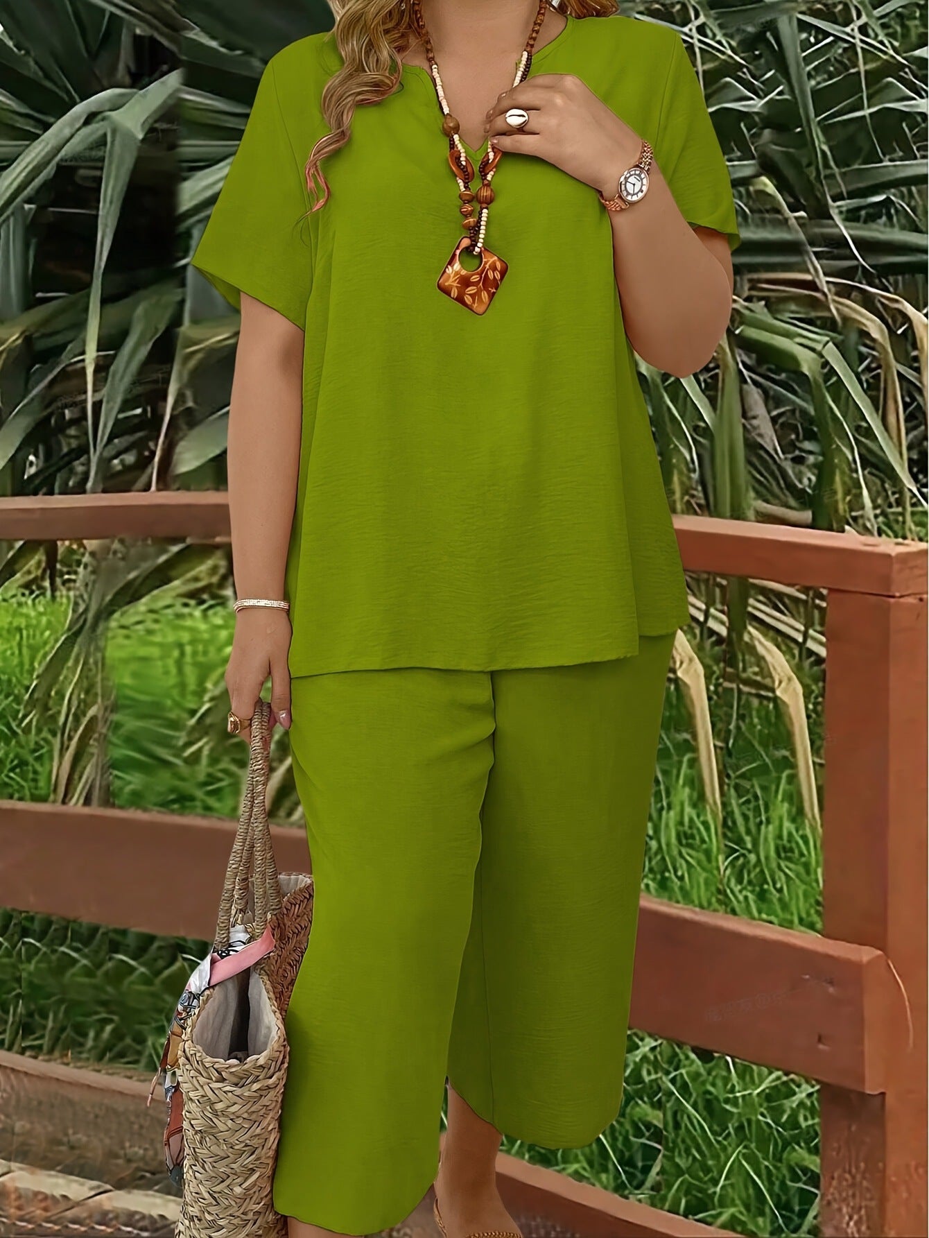 Solid-color V-neck Short-sleeve Top And Wide-leg Pants