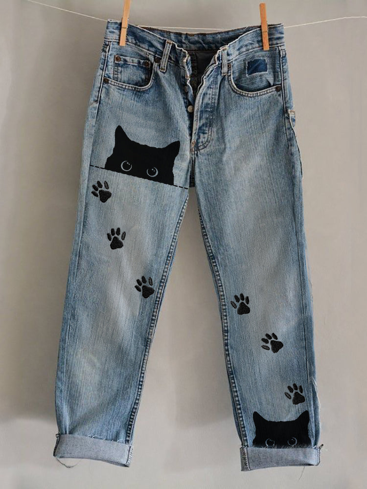 New 3D Heat-transfer Printed Flared Jeans-style Trousers In Faux Denim