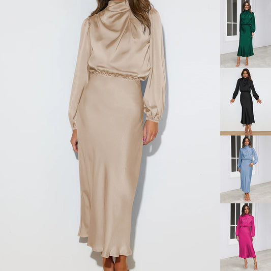 Elegant Temperament Long-sleeved Dress Satin Halterneck Formal Evening Dresses Women Clothing