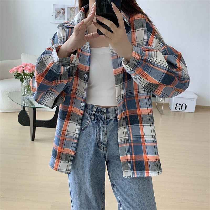 Loose-fitting Korean-style Plaid Shirt For Women