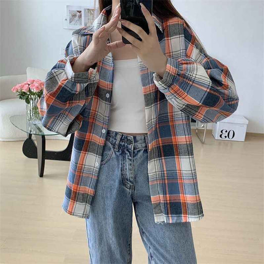 Loose-fitting Korean-style Plaid Shirt For Women