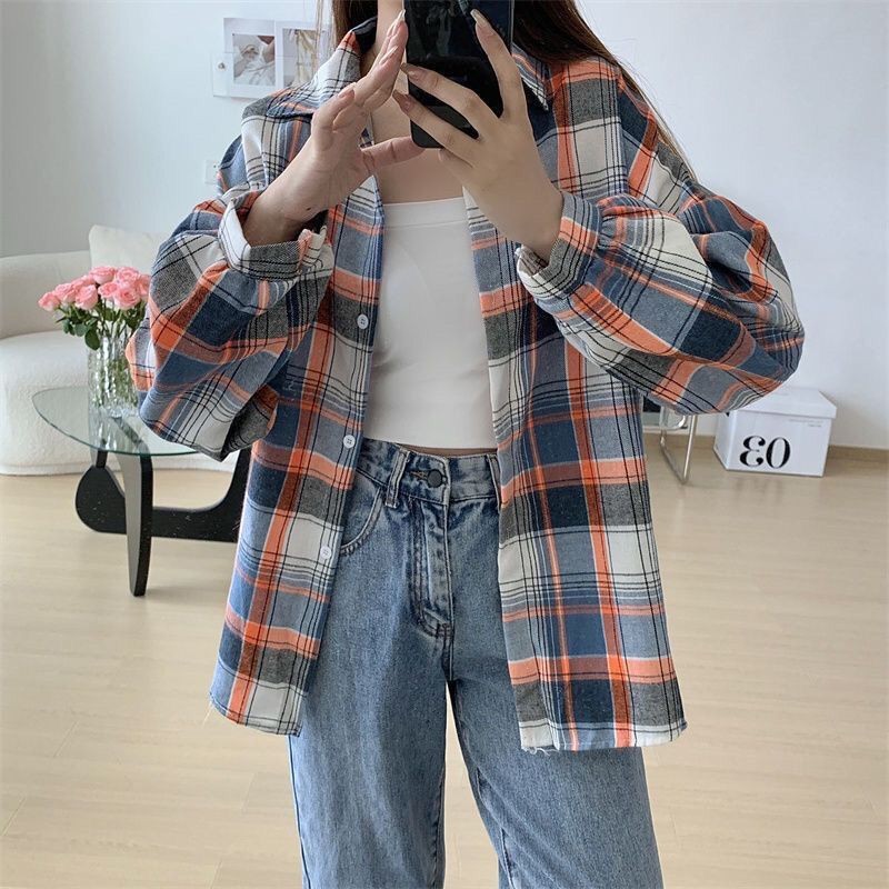 Loose-fitting Korean-style Plaid Shirt For Women
