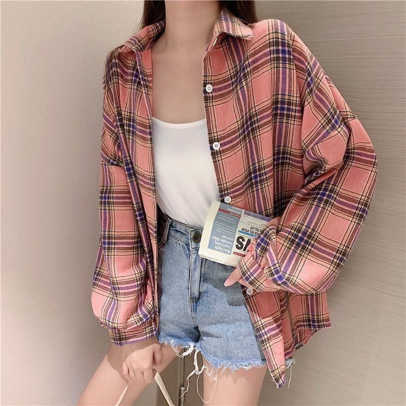 Loose-fitting Korean-style Plaid Shirt For Women