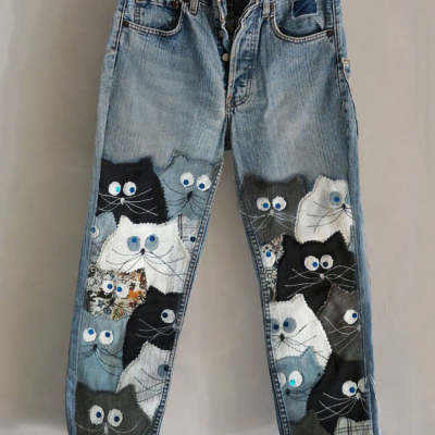 New 3D Heat-transfer Printed Flared Jeans-style Trousers In Faux Denim