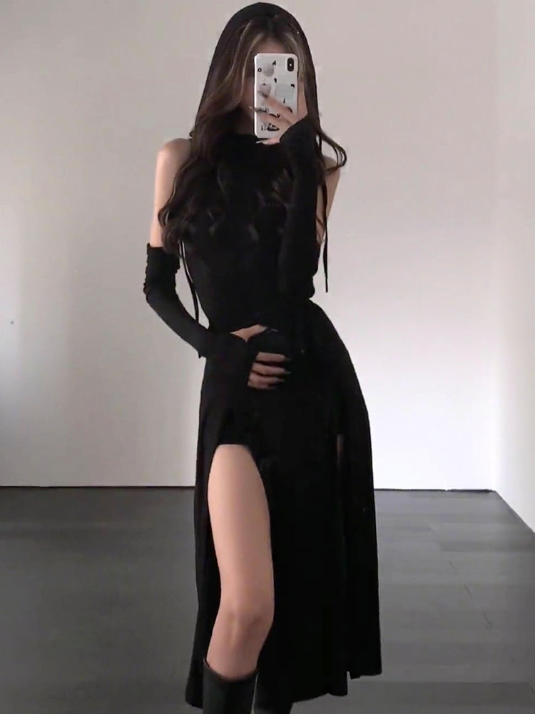 Women's Retro Irregular Hooded Slit Long Dress