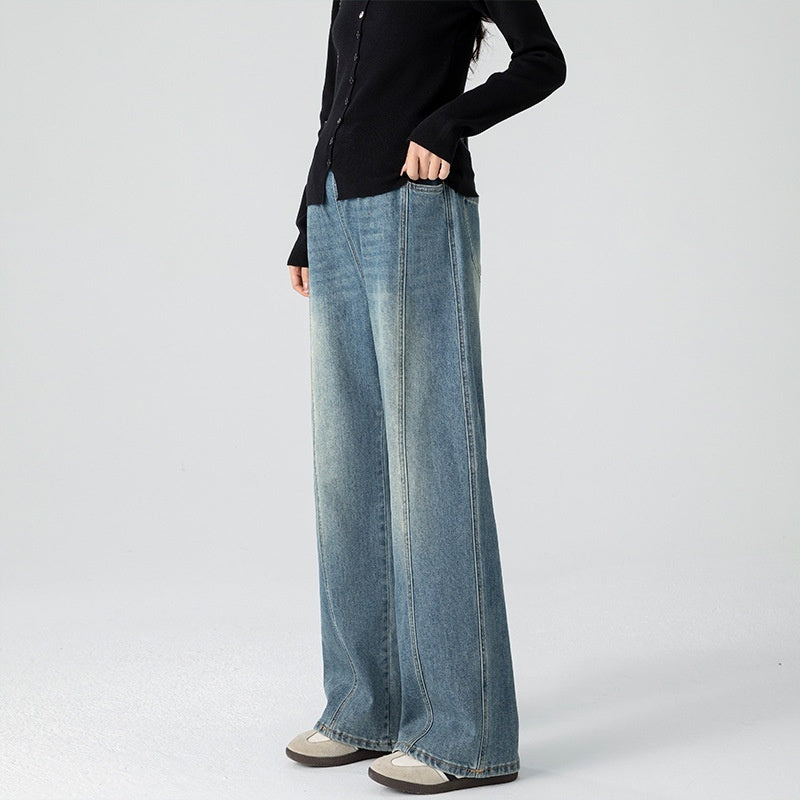 Retro Loose Straight-Leg High-Waist Floor-Length Wide-Leg Maternity Jeans