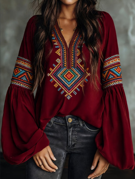 Ethnic Style Retro Embroidered Loose Long-sleeved Shirt