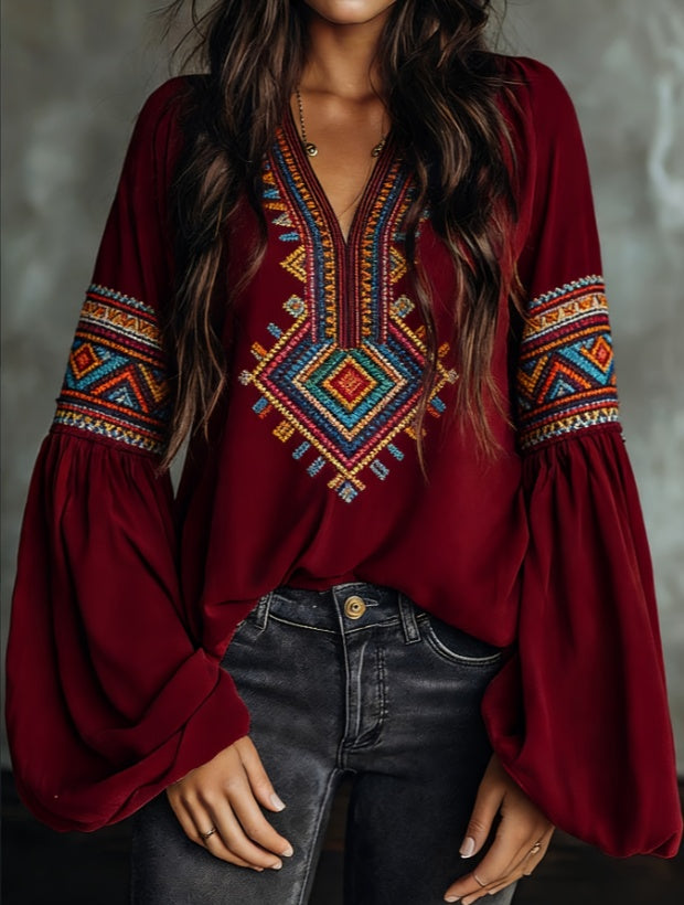 Ethnic Style Retro Embroidered Loose Long-sleeved Shirt