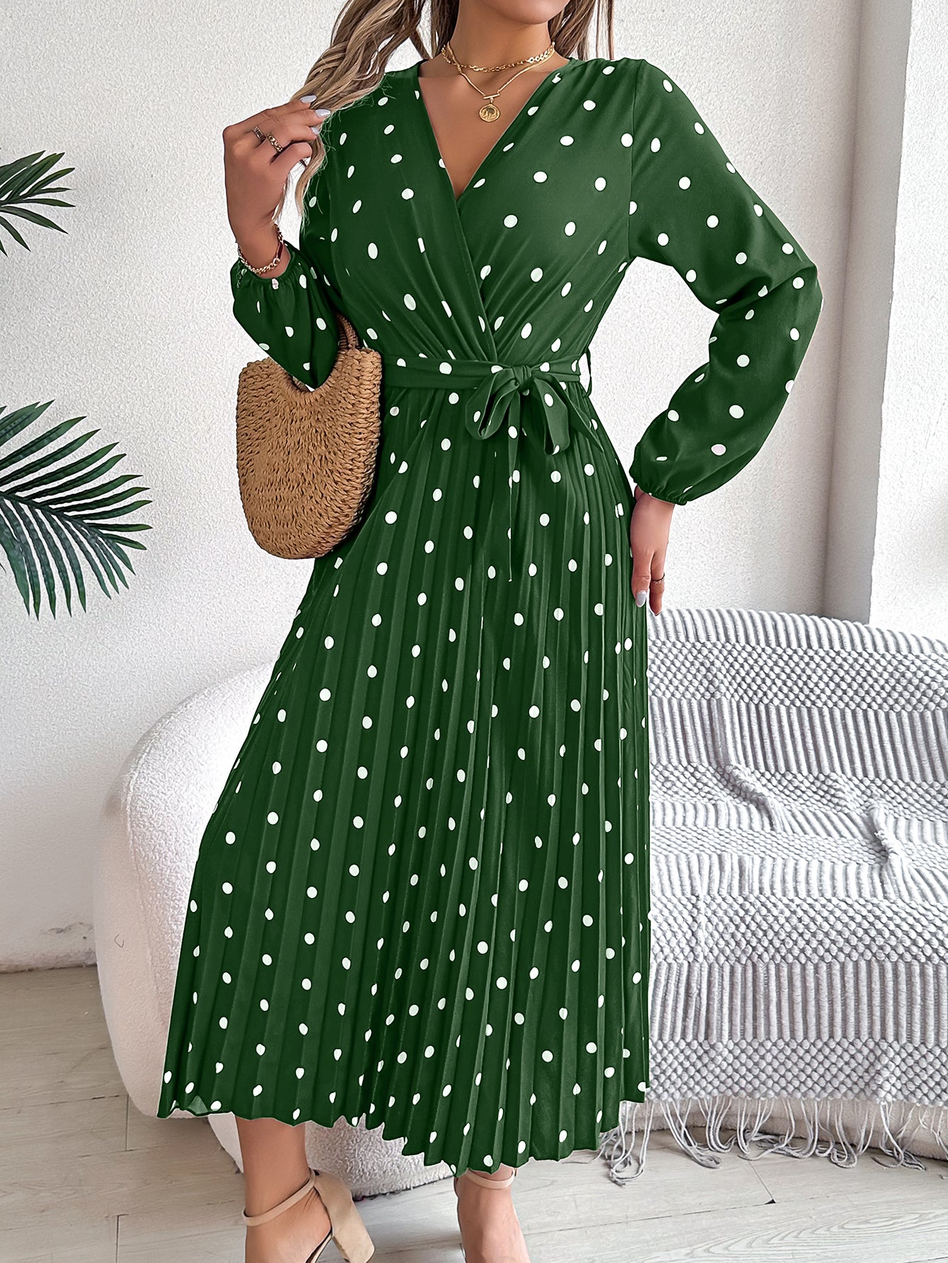 Women's Elegant Color-Blocked Polka Dot Cross V-Neck Pleated Maxi Dress