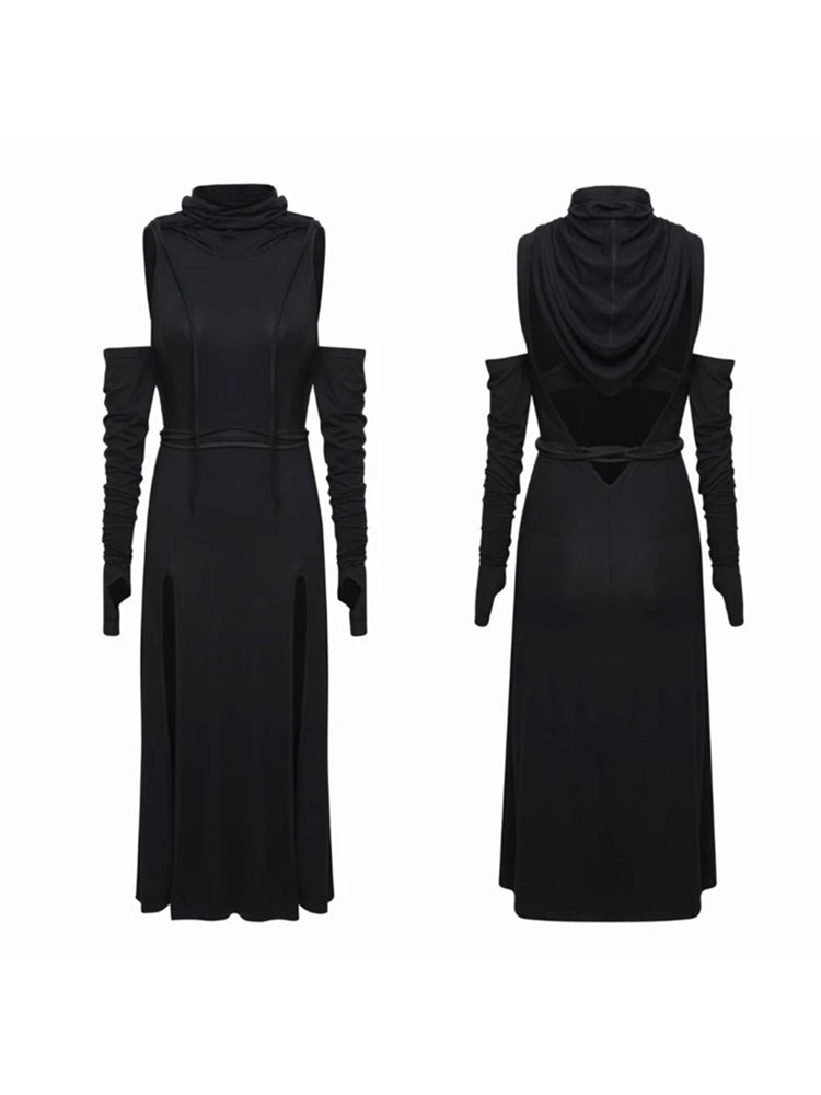 Women's Retro Irregular Hooded Slit Long Dress