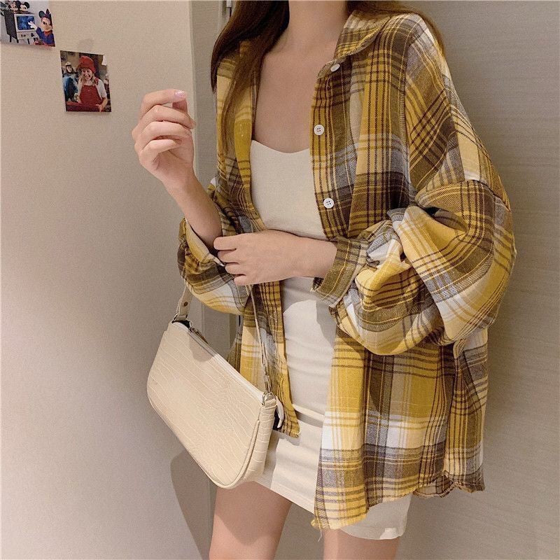 Loose-fitting Korean-style Plaid Shirt For Women