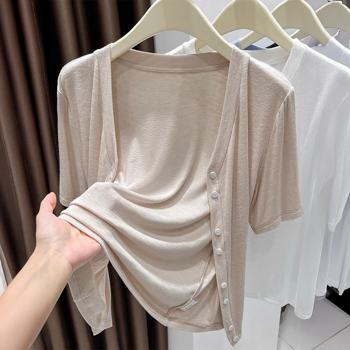 Womens Solid-color Fashionable Minimalist Short-sleeve Top