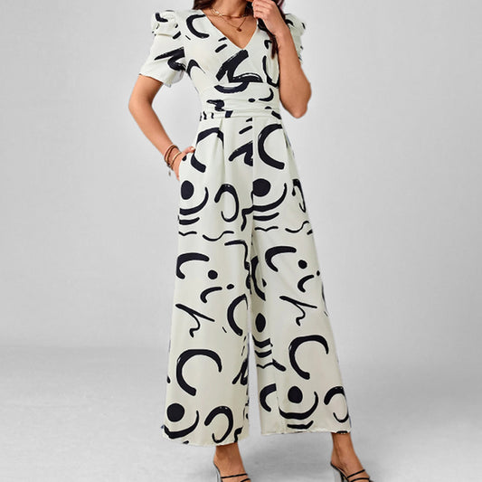 Stylish And Chic V-neck Cinched-waist Wide-leg Jumpsuit