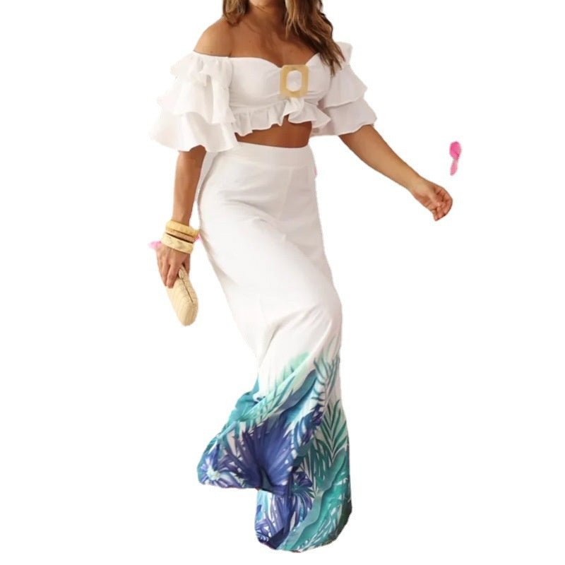 Two-piece Casual Off-shoulder Solid Off-shoulder Ruffled Sleeves High Waist Top Wide Leg Printed Pants Suit Streetwear