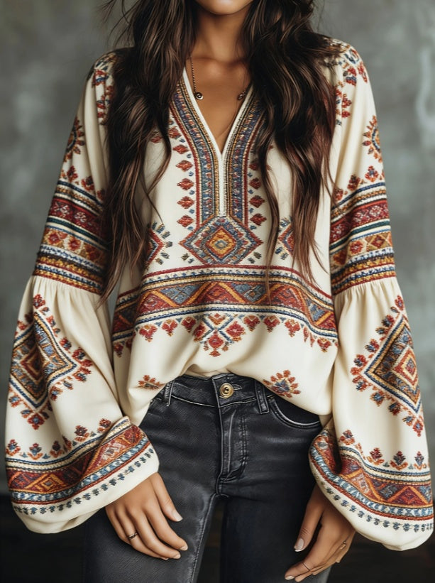 Ethnic Style Retro Embroidered Loose Long-sleeved Shirt