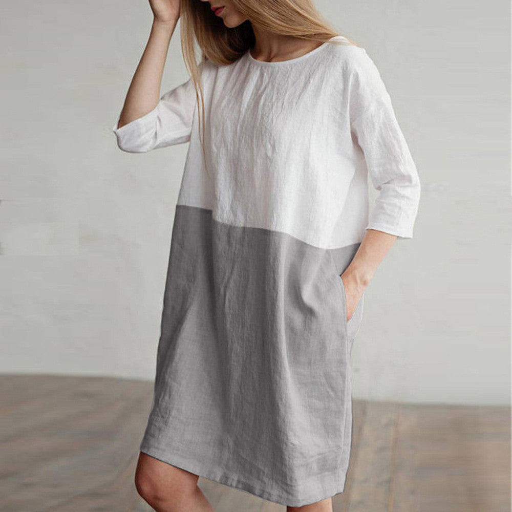 Splicing half-sleeved cotton and linen dress
