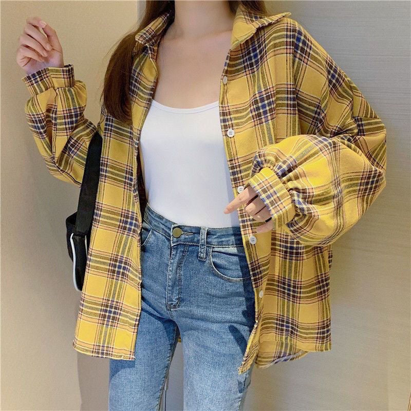 Loose-fitting Korean-style Plaid Shirt For Women