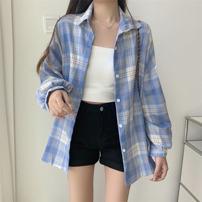 Loose-fitting Korean-style Plaid Shirt For Women