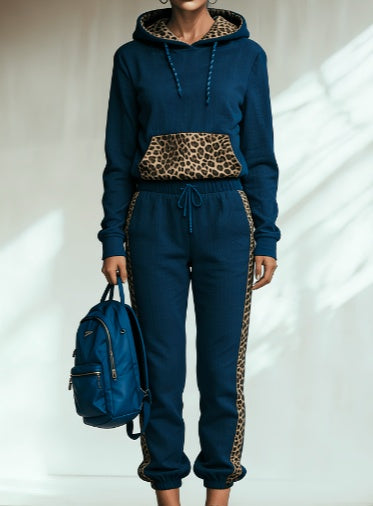 Leopard Print Patchwork Hooded Sweatshirt Set