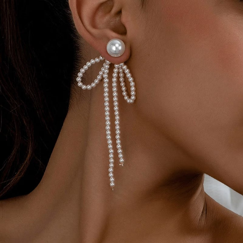 French Baroque Style Large Bow Inlaid Faux Pearl Long Tassel Beaded Multicolor Earrings Suitable for Parties And Gifts