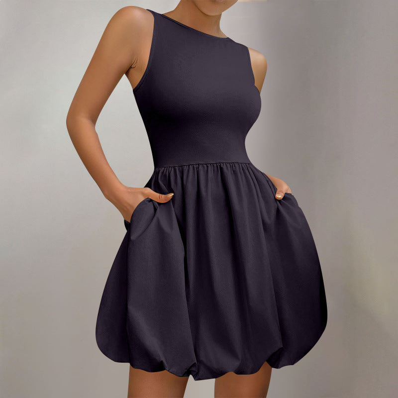 Round-neck Puffy Skirt Solid-color Ruffled Hem Zip-detail Sleeveless Dress