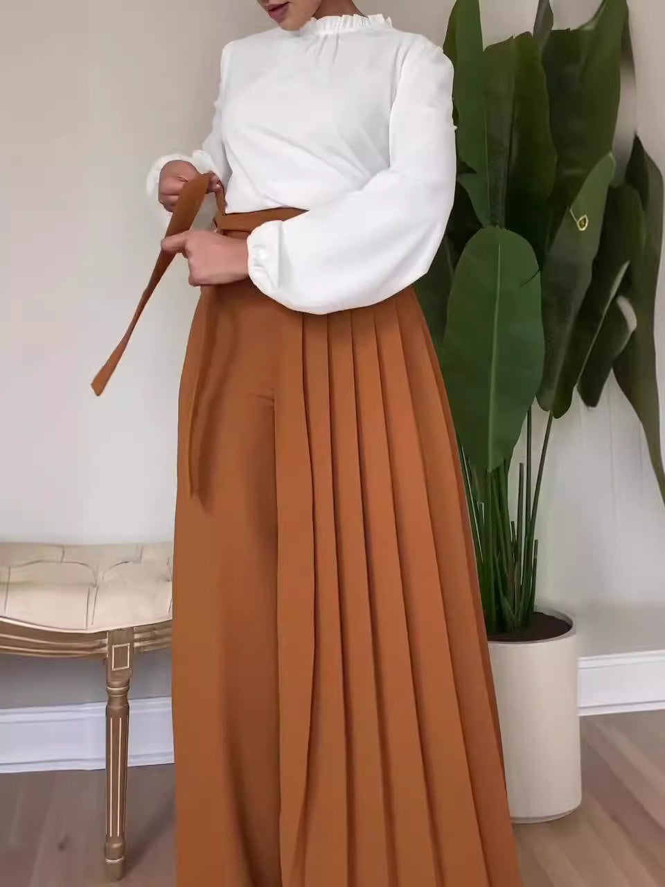 Womens Solid-Color Wide-Leg Pleated Pants With Ties