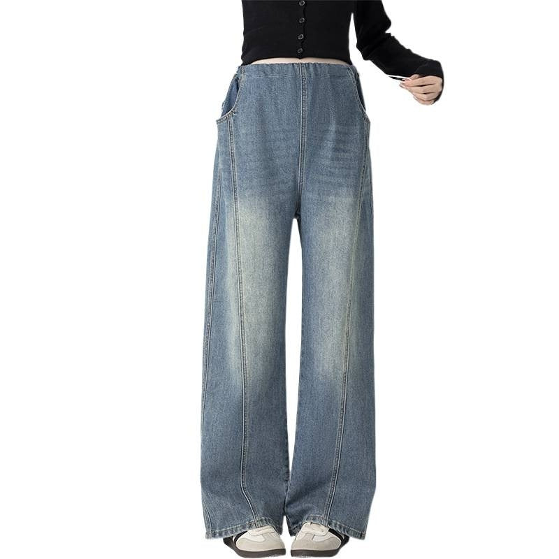 Retro Loose Straight-Leg High-Waist Floor-Length Wide-Leg Maternity Jeans