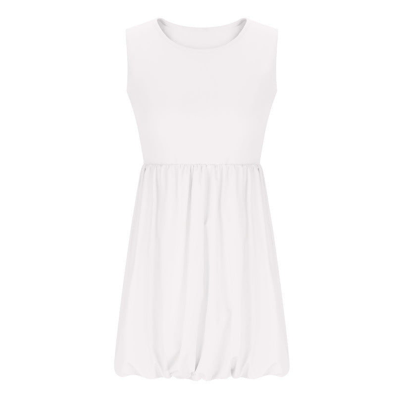 Round-neck Puffy Skirt Solid-color Ruffled Hem Zip-detail Sleeveless Dress