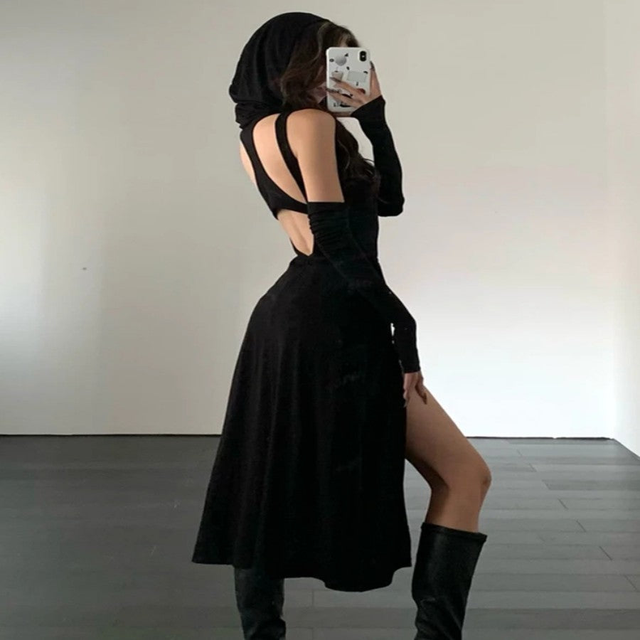Women's Retro Irregular Hooded Slit Long Dress