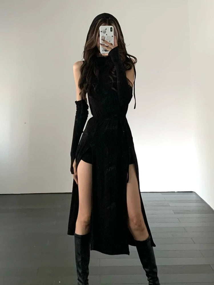 Women's Retro Irregular Hooded Slit Long Dress