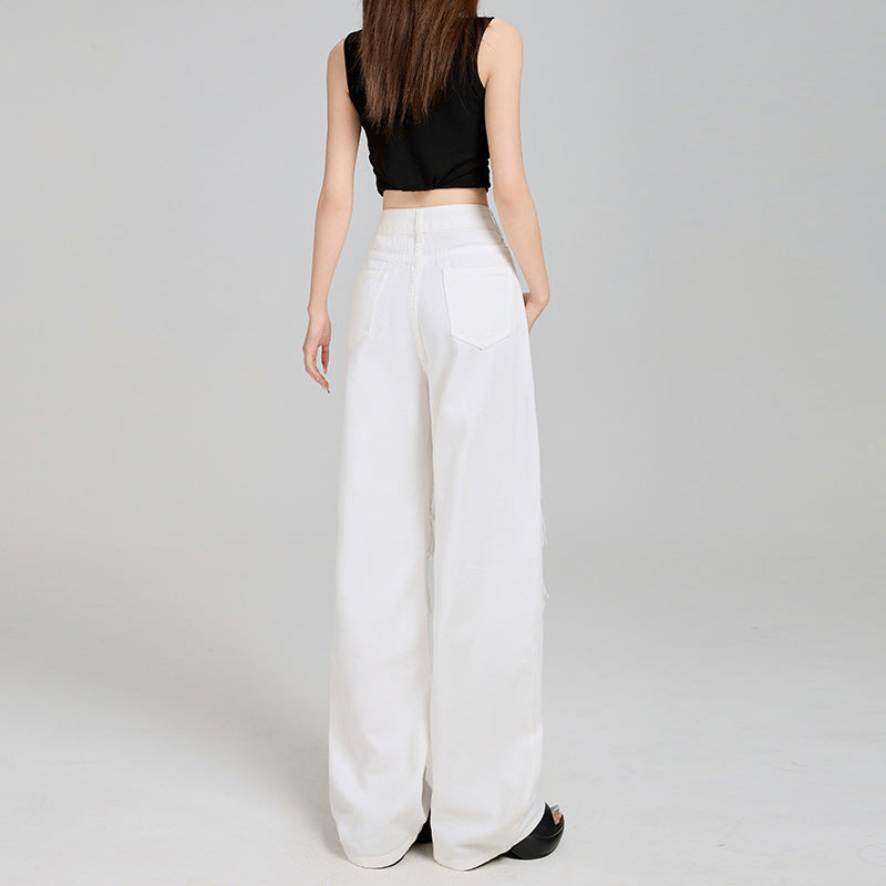 Women's Off-White Ripped Lace High-Waist Loose Denim Jeans