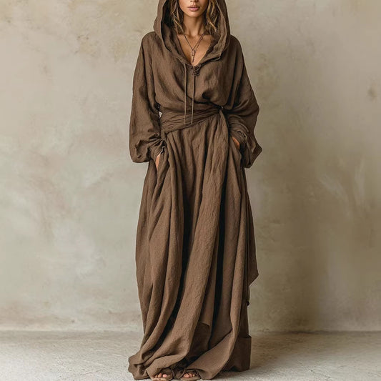 Womens Casual Loose-fitting Hooded Dress With A Belt