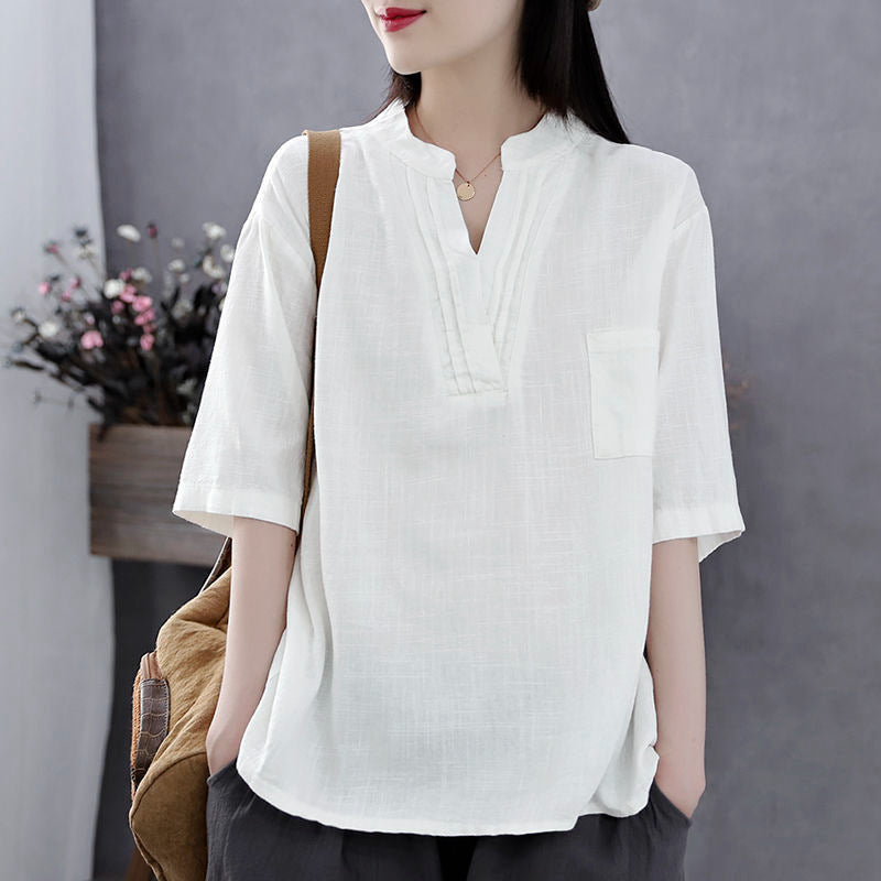 Casual Youthful Retro Summer New V-Neck Cotton-Linen Top