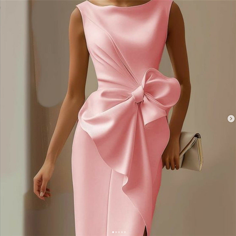 Fashion Bowknot Dress Solid Color Elegant Slim Sleeveless Dresses Women's Casual Office Party Clothing