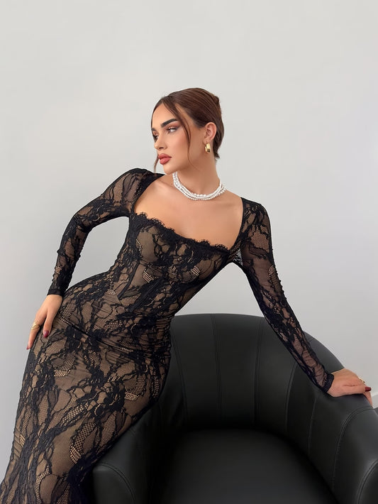 Elegant Special Women'S Party Date Banquet Sexy Lace Square Neck Long Sleeve Dress