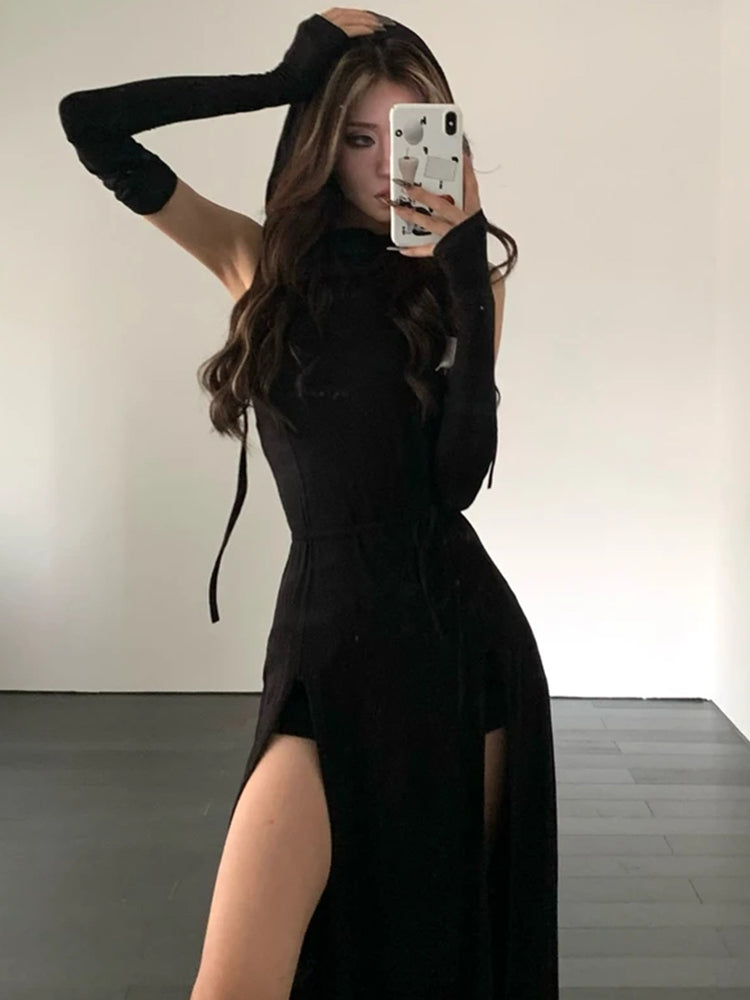 Women's Retro Irregular Hooded Slit Long Dress