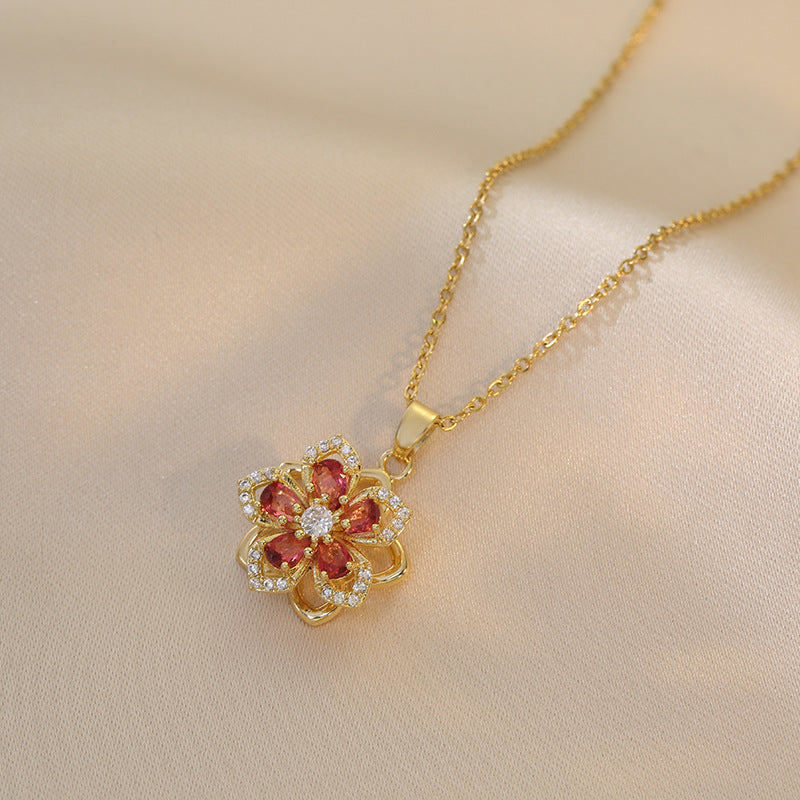 Ins Rhinestones Flowers Necklace Fashion Unique Rotatable Necklace Women's Pendant Jewelry